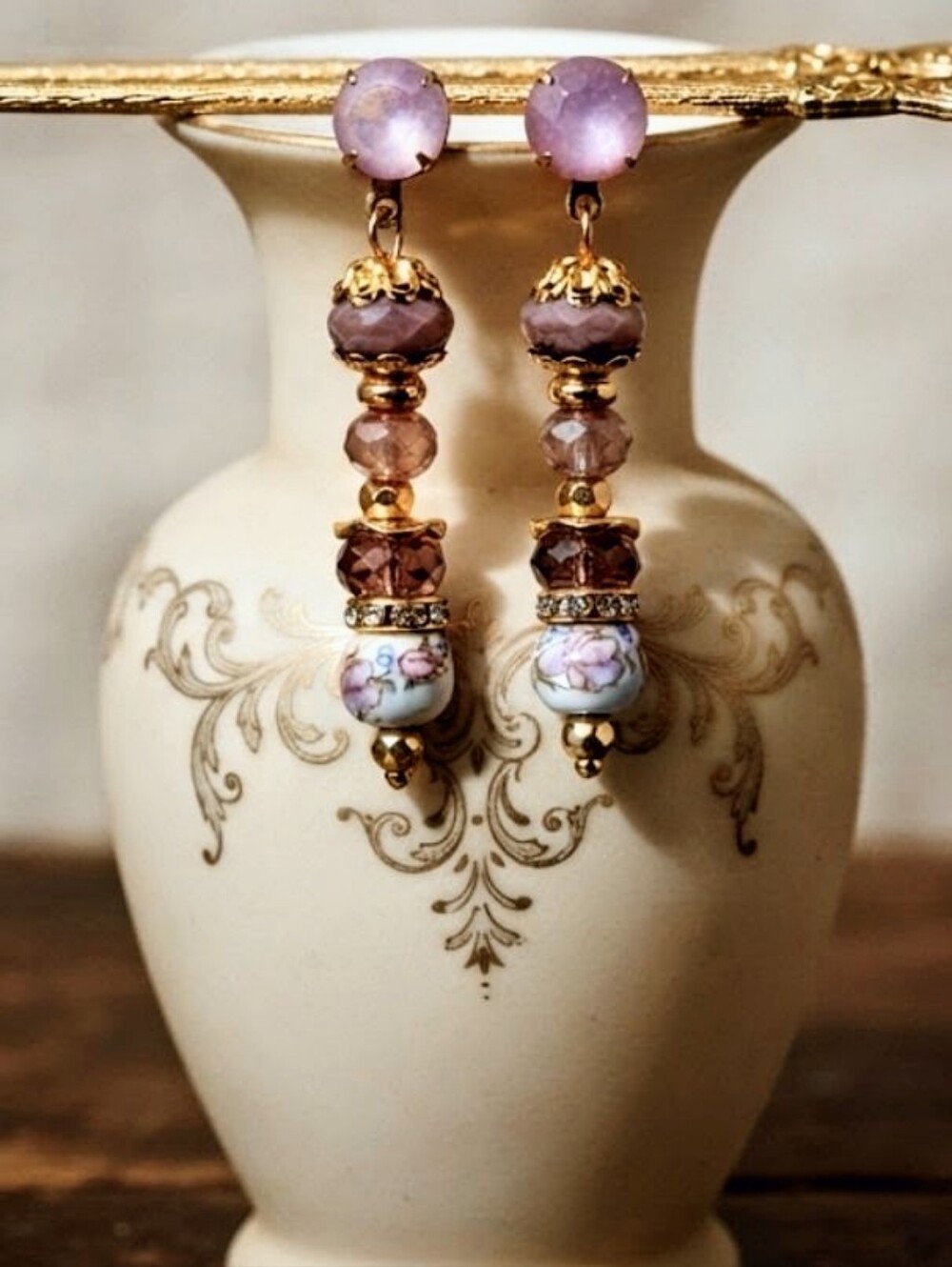 Victorian Delicate & Dainty Powder Pink Crystal In Glass In Gold Plated Earrings